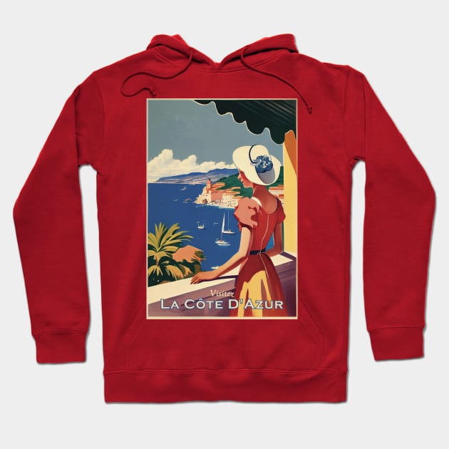 Cote D'Azur Vintage Travel Poster Hoodie by GreenMary Design